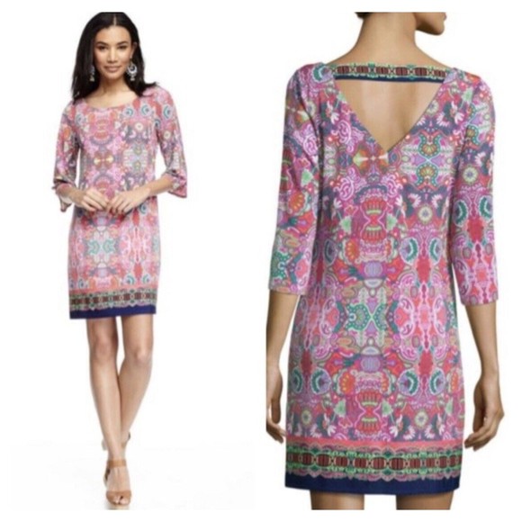 Laundry Shelli Segal Pink Floral Vibrant Jersey Knit Shift Dress Sz Medium - Picture 3 of 10